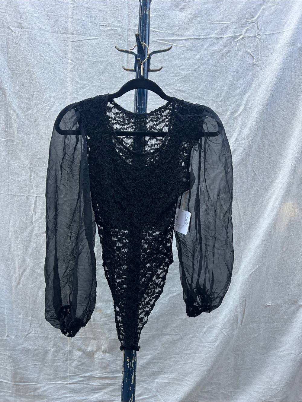 Sheer Puff Sleeve Black Lace Bodysuit